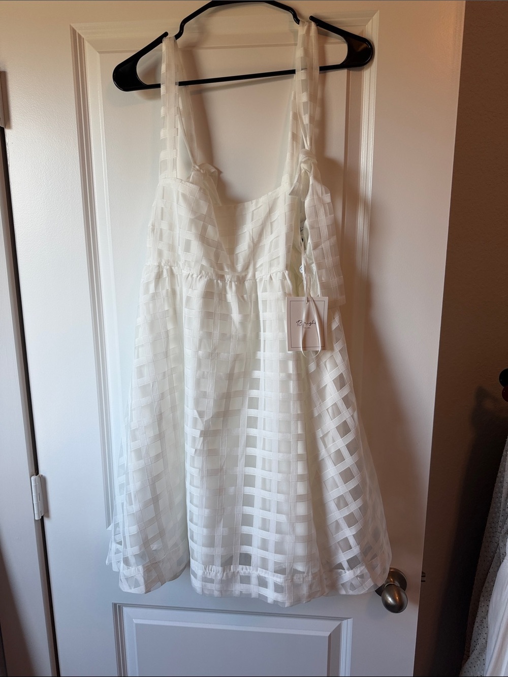 White Grid Sundress with Ribbon Straps